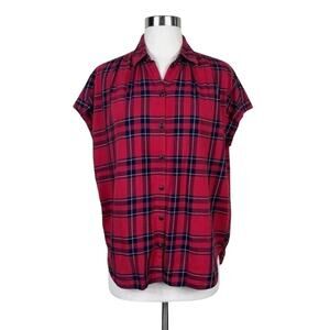 Madewell Shirt Red Plaid Central Short Sleeve in Dahl H7777 Cap Sleeve Small